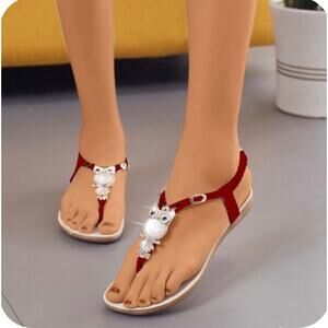 Red Crystal Owl Accent Thong Sandals